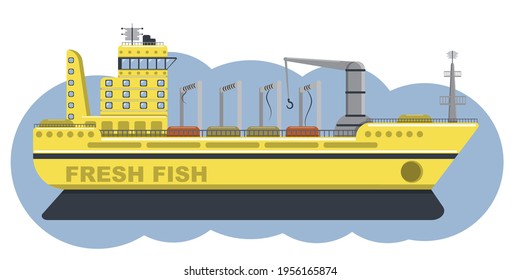 Vector fishing tanker in yellow-blue colors. Illustrative sea fishing tanker isolated on white background. Marine theme.
