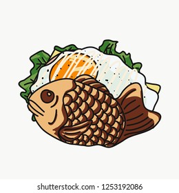 Vector of a fish-shaped bread with egg, ham, lettuce and cheese. Japanese Food Kawaii