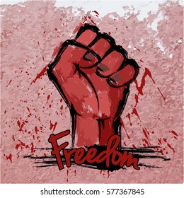 Vector: Fist with asian brushwork and text freedom on wall, freedom concept.