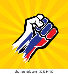 vector fist icon. fist colored in russian flag color on orange background