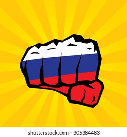 vector fist icon. fist colored in Russian flag color on orange background