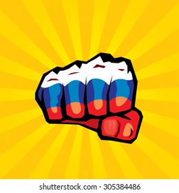 vector fist icon. fist colored in Russian flag color on orange background