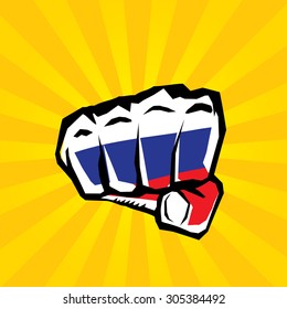vector fist icon. fist colored in Russian flag color on orange background