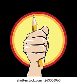 Vector fist with pencil background. Isolated.