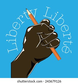 Vector fist with pencil. Liberty in English and French