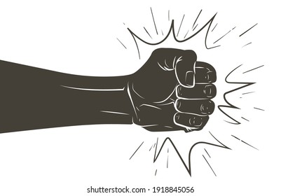 Vector Fist punching or hitting, forward punch.Sign, symbol, logo, illustration. Stop violence against women, domestic violence concept. Realistic vintage silhouette hand-drawn illustration