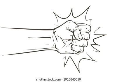 Vector Fist punching or hitting, forward punch.Sign, symbol, logo, illustration. Stop violence against women, domestic violence concept. Line sketch realistic vintage hand-drawn illustration