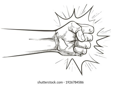 Vector Fist punching or hitting, forward punch.Sign, symbol, logo, illustration. Stop violence against women, domestic violence concept. Line sketch realistic vintage hand-drawn illustration