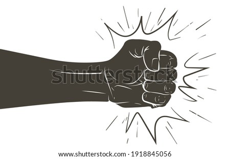 Vector Fist punching or hitting, forward punch.Sign, symbol, logo, illustration. Stop violence against women, domestic violence concept. Realistic vintage silhouette hand-drawn illustration