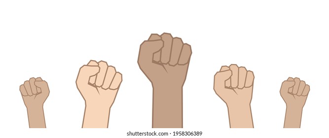 Vector Fists hands up. Unity concept, revolution, fight, protest. 