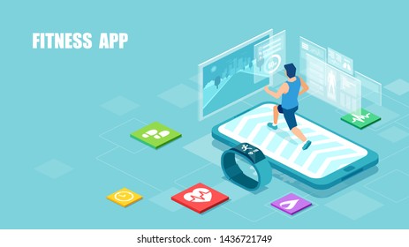 Vector of a fit man running on a smartphone treadmill, exercising. Sport gadgets and mobile apps for  workout concept.
