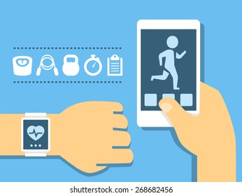 Vector fitness app on the screen of smartphone and tracker on the wrist in flat style