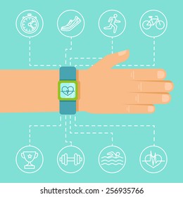 Vector fitness app and tracker on the wrist - sport illustration in flat style with linear icons