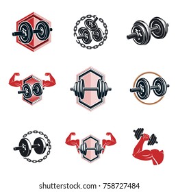 Vector fitness and athletics theme illustrations collection made using dumbbells and disc weights sport equipment. Bodybuilder body shape.
