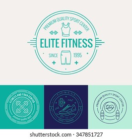 Vector fitness badge and emblems set in mono line style. Sport icons and design elements.