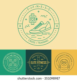 Vector fitness badge and emblems set in mono line style. Sport icons and design elements.
