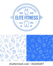 Vector fitness badge and seamless pattern set in mono line style. Sport icons and background for your design.