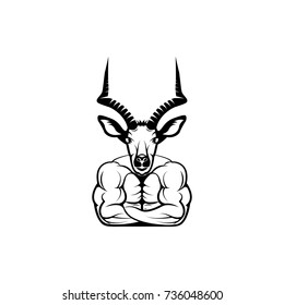 Vector fitness body with antelope head, face  for retro logos, emblems, badges, labels template and t-shirt vintage design element. Isolated on white background