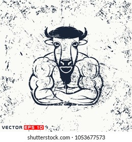 Vector fitness body with bison head on grunge background