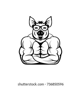 Vector fitness body with pig head, face  for retro logos, emblems, badges, labels template and t-shirt vintage design element. Isolated on white background