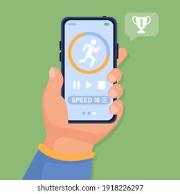 Vector fitness concept. A man holds a phone in his hand on which a fitness application is open, which shows the progress of his training. Vector fitness infographics that can be used on websites.