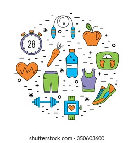 Vector fitness concept of training and healthcare in mono line style. Illustration with sport icons and design elements.