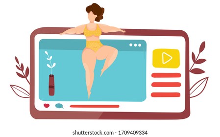 Vector of fitness course. Sport class at home. Online lesson with teacher. Lesson in mobile app. Quarantine epidemic. Working at home. Stretching and fitness exercises. Live streaming. Broadcast.