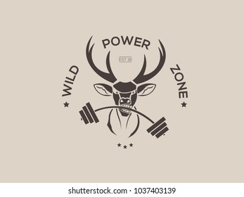 Vector fitness with deer head retro logos emblems badges, labels template and t-shirt vintage design element