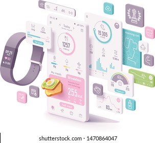 Vector fitness and diet app concept. Fitness tracker and smartphone with application screens to track physical activity, sport activities, calories calculator and food diary, heart rate, steps counter