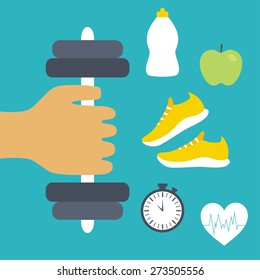 Vector fitness flat icon set. Fitness woman set. Vector gym set. Sport equipment
