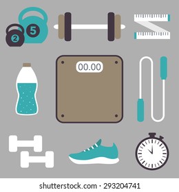 Vector fitness flat icon set. Fitness woman set. Vector gym set. Sport equipment