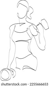 vector fitness girl, freehand one line illustration. girl with dumbbells.