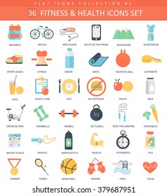 Vector fitness and health color flat icon set. Elegant style design sport gym training icons for web and apps.