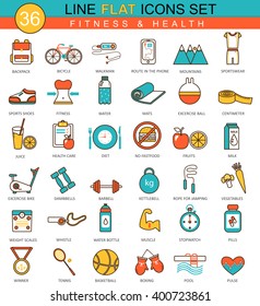 Vector Fitness and health flat line icon set. Modern elegant style design fitness gym icons for web