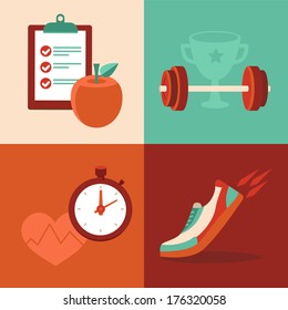 Vector fitness icons in flat trendy style - healthy food and training