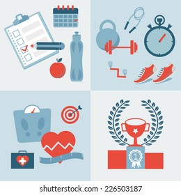 Vector fitness icons in flat trendy style - healthy food and training, sport, dieting, weight loss, fitness, healthy lifestyle