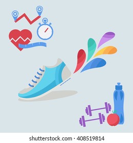 Vector fitness icons in flat trendy style - healthy food and training, sport, dieting, weight loss, fitness, healthy lifestyle