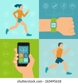 Vector fitness icons and illustrations in flat style - fitness tracker and running people - infographics design elements