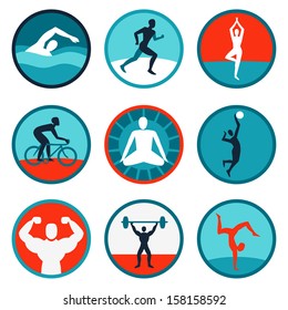 Vector fitness icons and signs - jogging, swimming