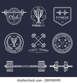 Vector fitness logos set. Hand sketched athletic signs. Gym emblems illustration. Sporting club icons for badges, cards etc.