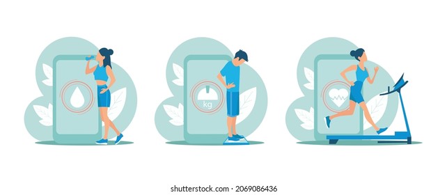Vector of fitness people exercising  using mobile phone app to keep control over water balance weight and heartbeat 