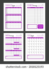 Vector fitness planner page templates. Strength training, cardio and yoga workouts and progress page. Simple design. Bright magenta color. 