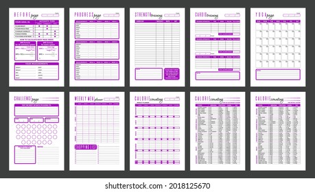 Vector fitness planner page templates. Strength training, cardio and yoga workouts, diet planners and calorie counting. Simple design. Bright magenta color. 