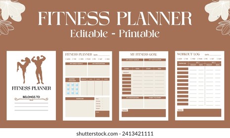 Vector fitness planner page templates. Strength training, cardio and yoga workouts, diet planners and calorie counting. Simple design.