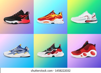 Vector fitness sneakers shoes for training, running shoe vector illustration. Sport shoes set on color gradient background.