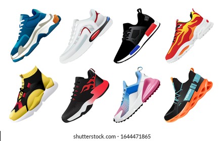 Vector fitness sneakers shoes for training, running shoe vector illustration. Sport shoes set.