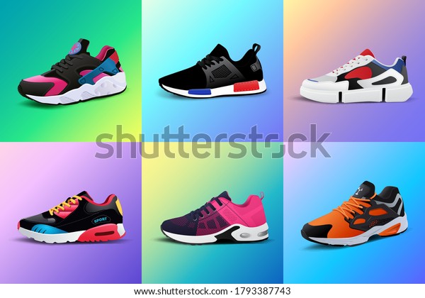 Vector fitness sneakers shoes for training,\
running shoe vector illustration. Sport shoes set on color gradient\
background.