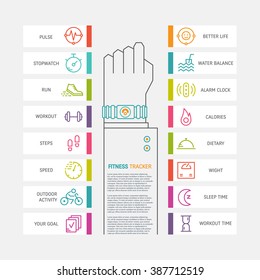 Vector fitness tracker flat ine infographic. Hand with bracelet wireless device for monitoring sport activity, calories, sleep, ingestion, steps, heartbeat. Data exchange with computer and smartphone.