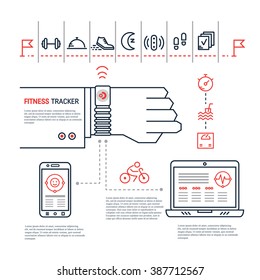 Vector fitness tracker flat line infographic. Hand with bracelet wireless device for monitoring sport activity, calories, sleep, ingestion, steps, heartbeat. Data exchange with computer and smartphone