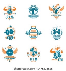 Vector fitness workout theme logotypes and inspiring posters collection created with dumbbells, barbells, disc weights sport equipment and muscular sportsman body silhouettes.